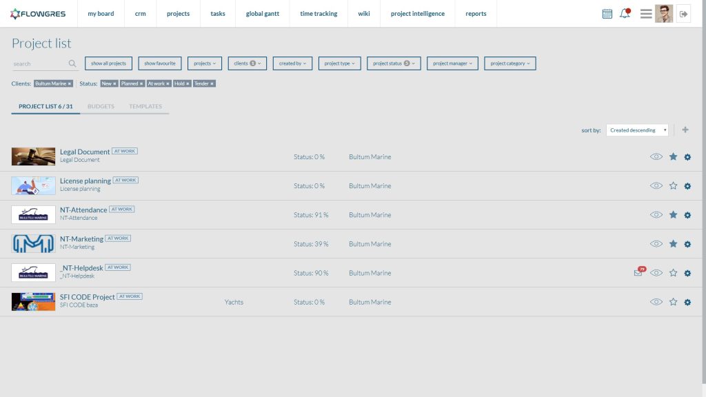 Screen z programu do zarządzania projektami Flowgres - lista projektów